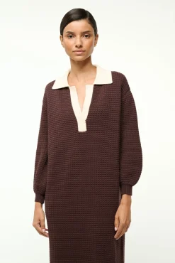 STAUD ALTEA DRESS DARK CHOCOLATE IVORY><noscript><img width=