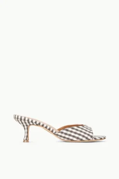 STAUD BRIGITTE MULE DARK CHOCOLATE MICRO CHECK> Mules & Flats
