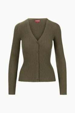 STAUD CARGO CASHMERE SWEATER DARK OLIVE><noscript><img width=