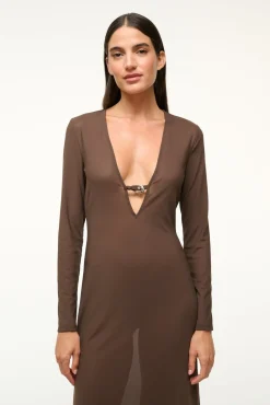 STAUD CLEO DRESS DARK CHOCOLATE><noscript><img width=