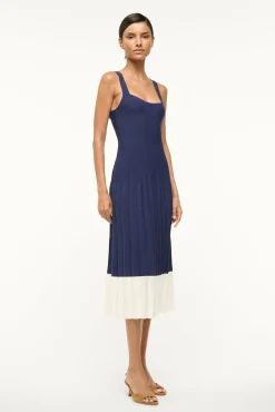 STAUD ELLISON DRESS NAVY WHITE> Knit Dresses|Midi Dresses