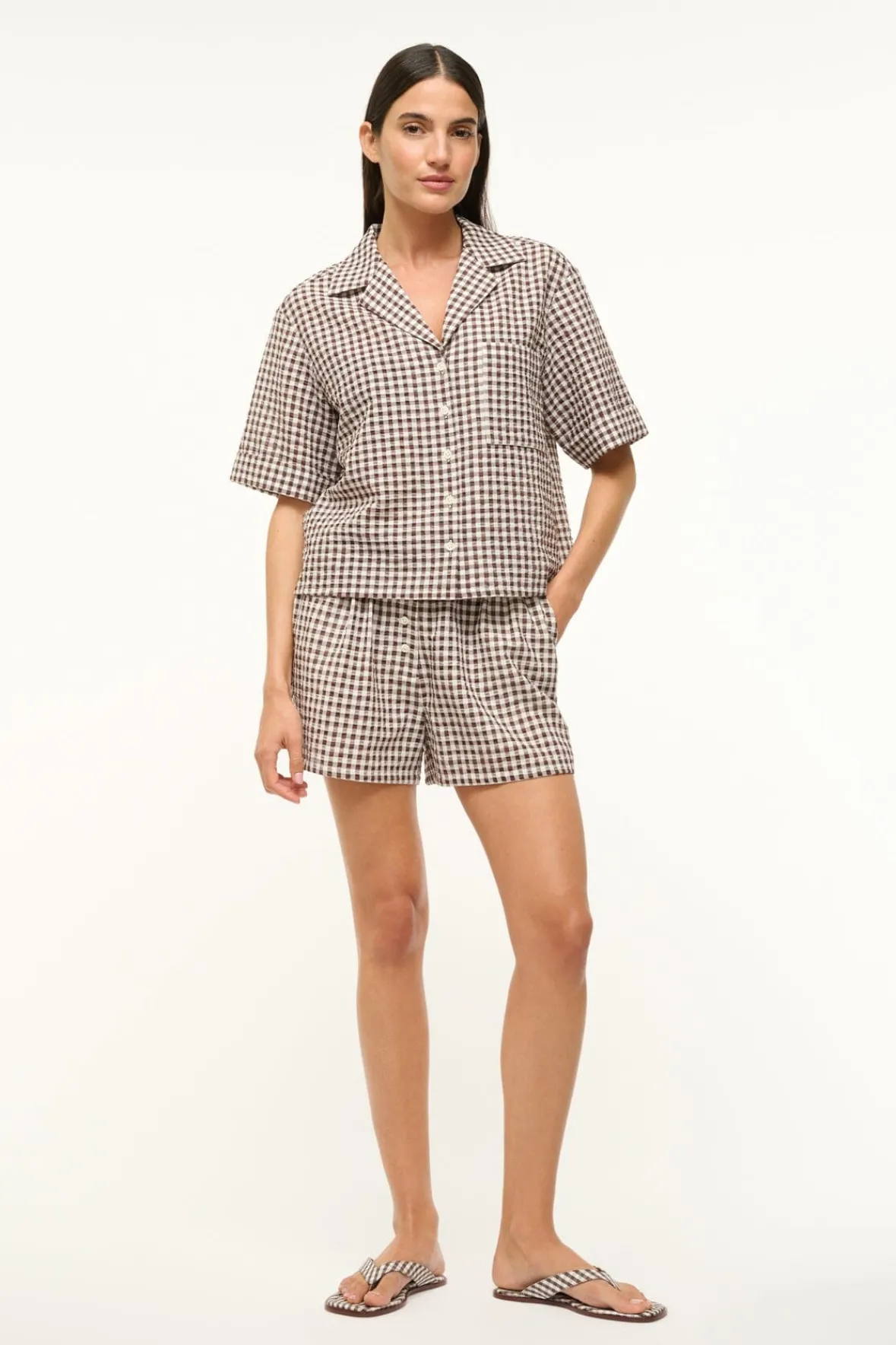 STAUD GABI SHIRT DARK CHOCOLATE GINGHAM> Swim|Cover-ups