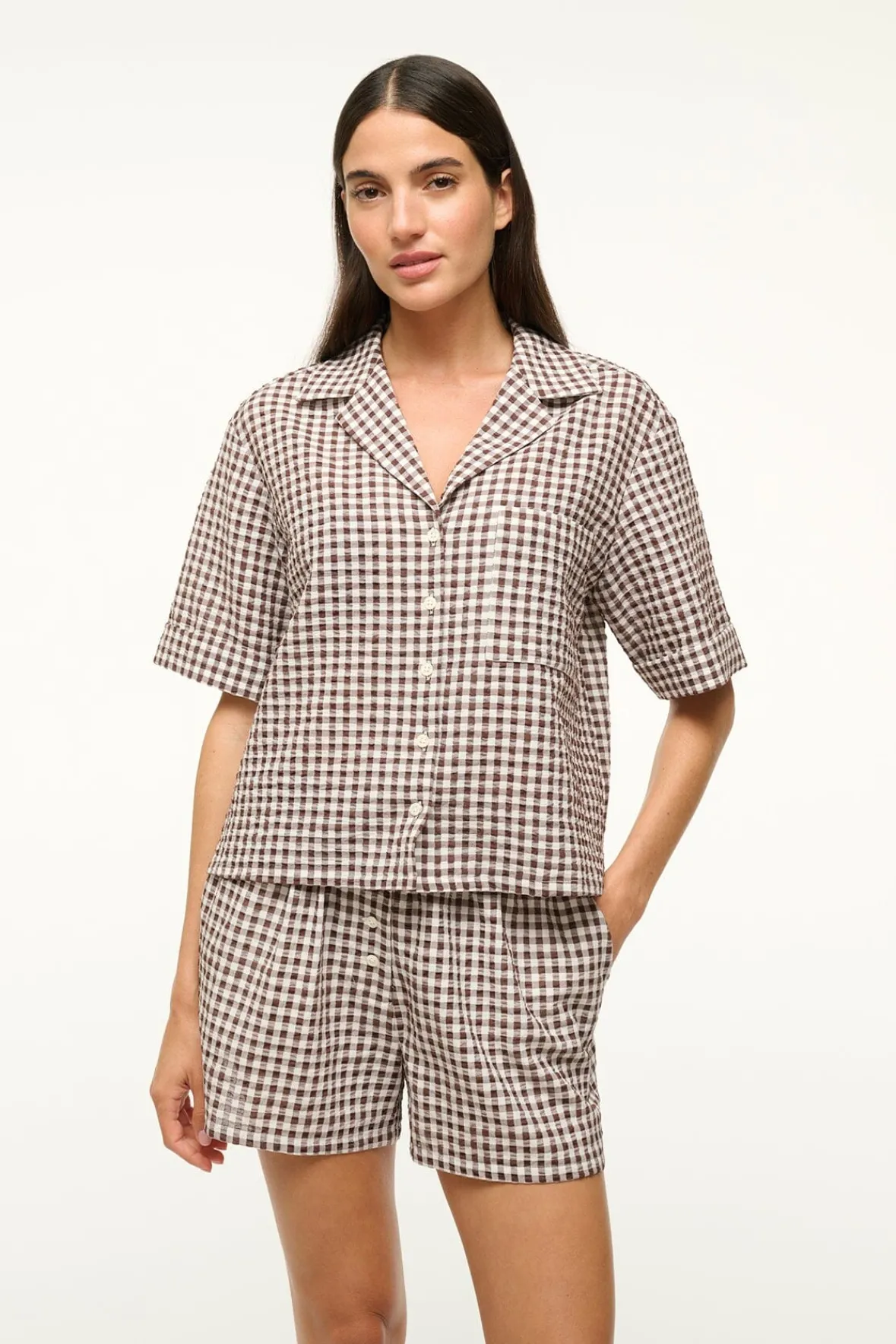 STAUD GABI SHIRT DARK CHOCOLATE GINGHAM> Swim|Cover-ups