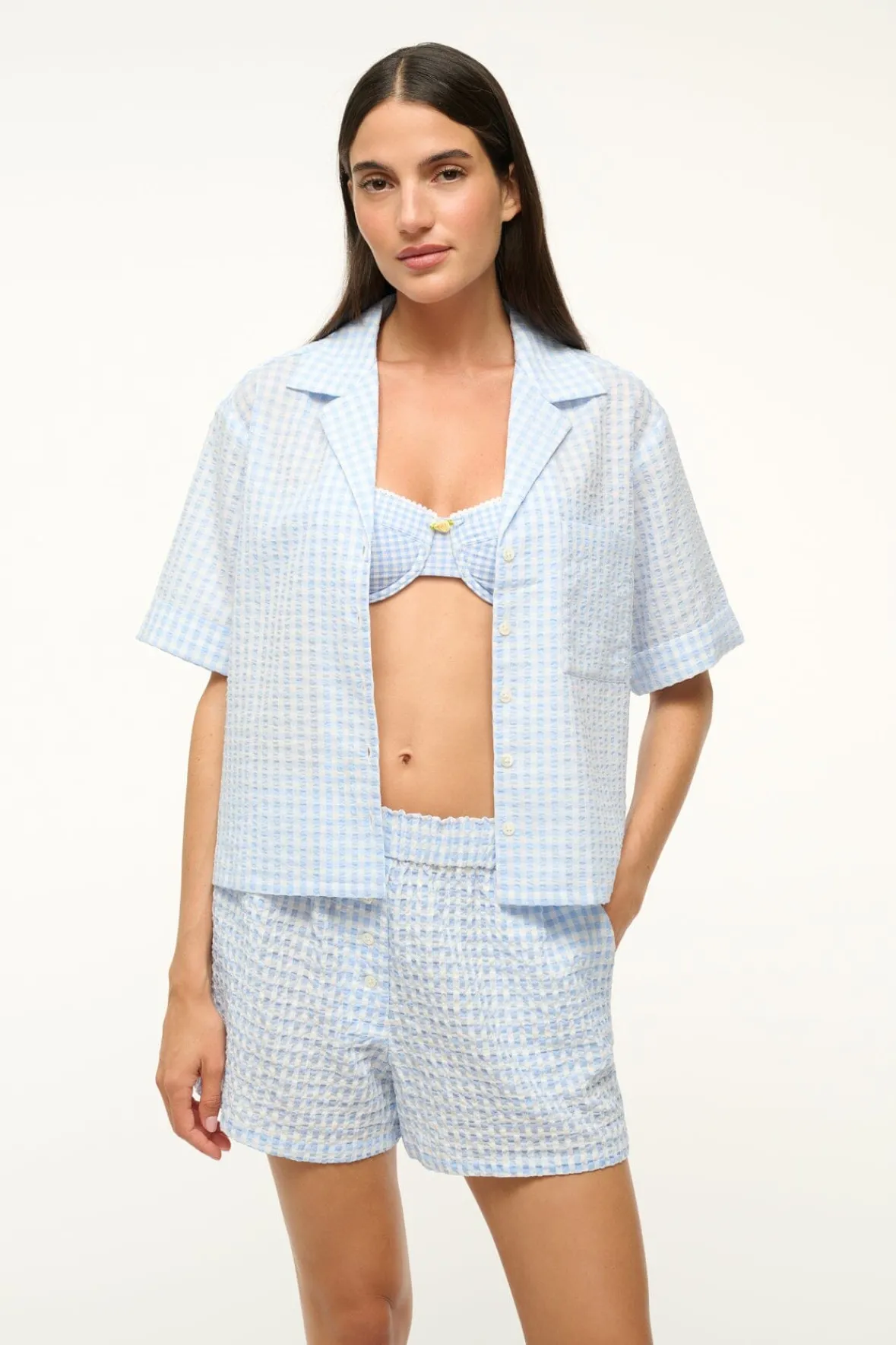 STAUD GABI SHIRT SKY GINGHAM> Swim|Cover-ups