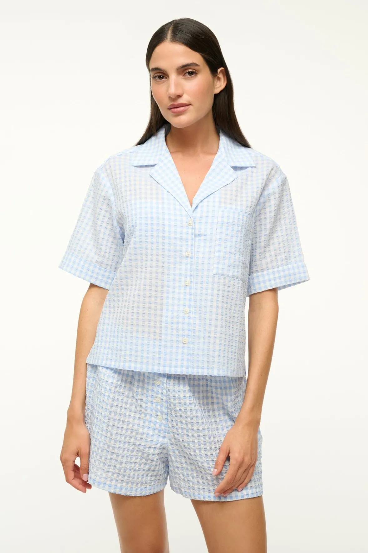 STAUD GABI SHIRT SKY GINGHAM> Swim|Cover-ups