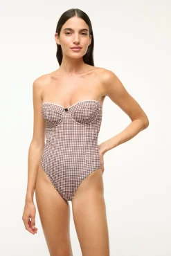 STAUD MAEVE ONE PIECE DARK CHOCOLATE MICRO CHECK><noscript><img width=