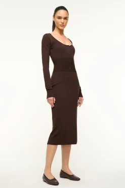 STAUD SABRINA DRESS DARK CHOCOLATE><noscript><img width=