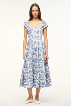 STAUD SHORT SLEEVE WELLS DRESS BLUE TOILE> Midi Dresses|Dresses