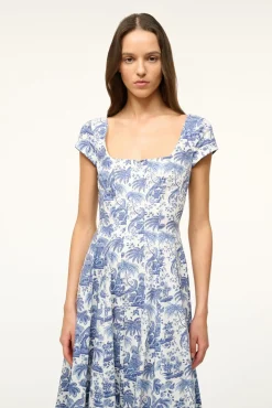 STAUD SHORT SLEEVE WELLS DRESS BLUE TOILE> Midi Dresses|Dresses