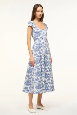 STAUD SHORT SLEEVE WELLS DRESS BLUE TOILE><noscript><img width=