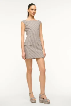 STAUD WALKER DRESS DARK CHOCOLATE MICRO CHECK><noscript><img width=