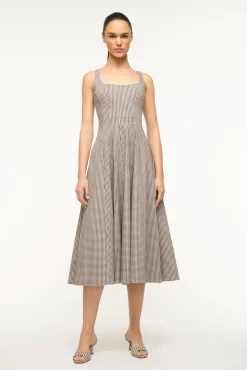 STAUD WELLS DRESS DARK CHOCOLATE MICRO CHECK> Midi Dresses|Dresses