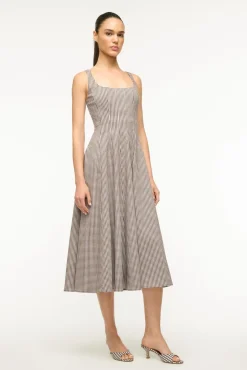 STAUD WELLS DRESS DARK CHOCOLATE MICRO CHECK><noscript><img width=