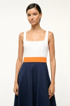 STAUD WELLS DRESS WHITE APRICOT NAVY> Midi Dresses|Dresses